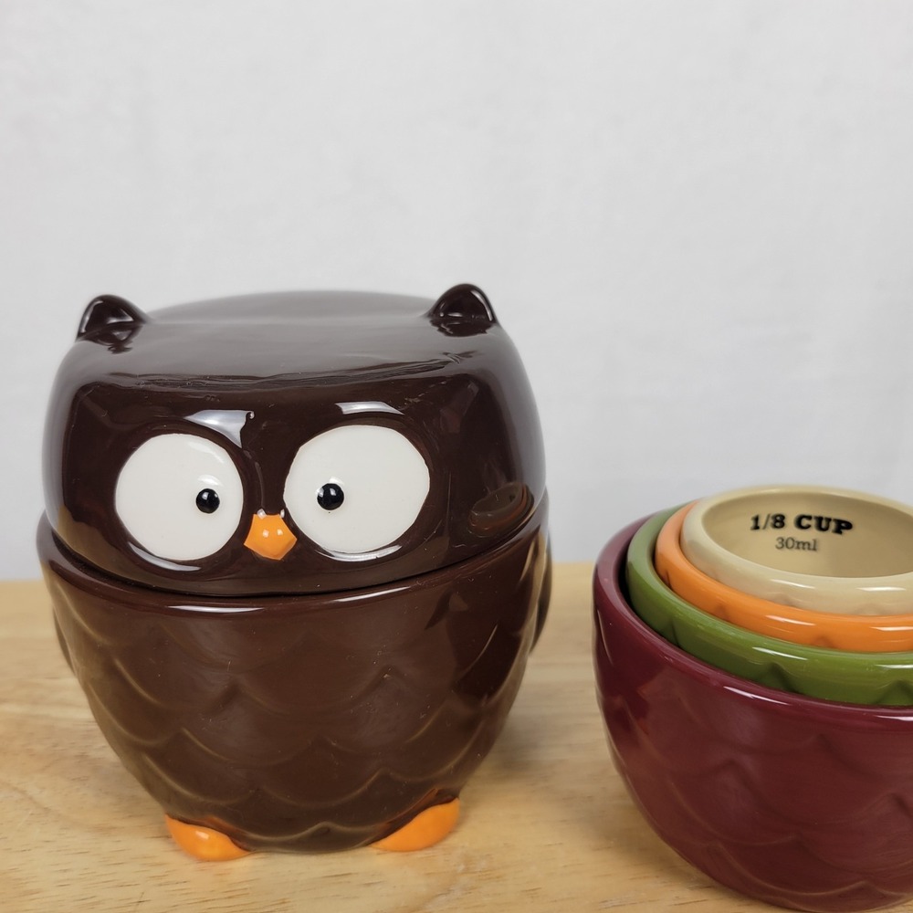 Tag Ceramic Woot Owl Nesting Measuring Cups 4" Brown Whimsical Fall Kitchen